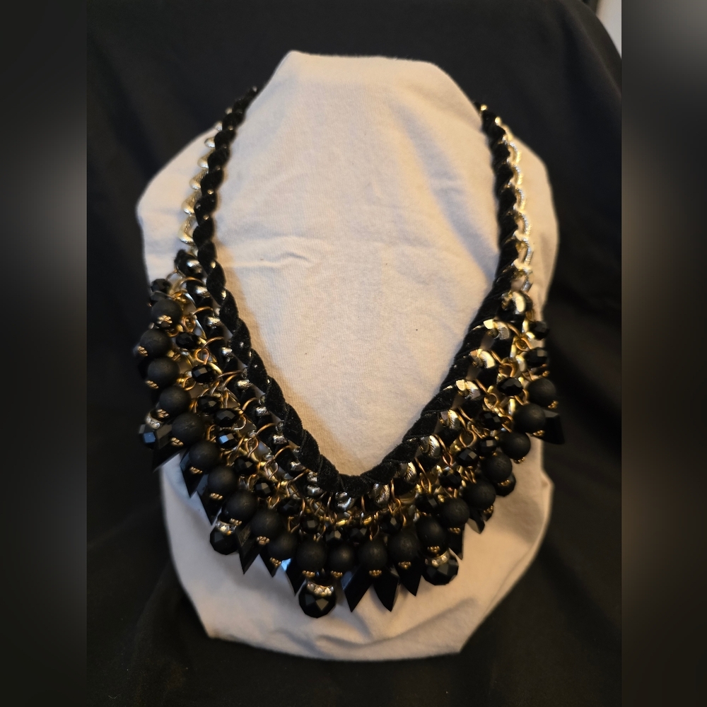 Black & Gold Statement Bib Necklace — Chunky Beaded Glam Necklace